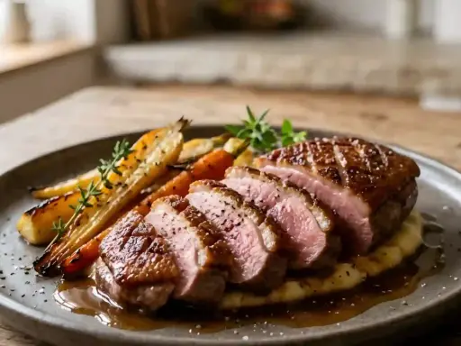 Magret de canard tranché, parfaitement cuit sur plancha, servi avec des carottes rôties et une purée onctueuse.