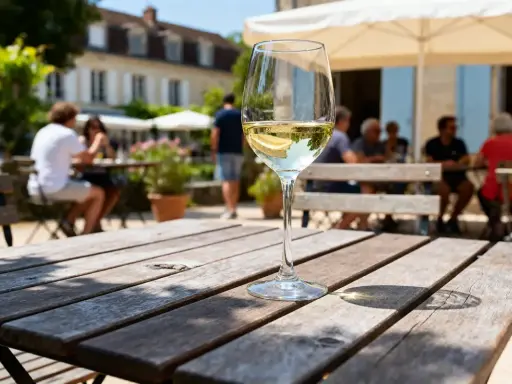 Verre de vin blanc sec ou moelleux sur une table en bois, avec des gens attablés en arrière-plan dans un jardin ensoleillé.