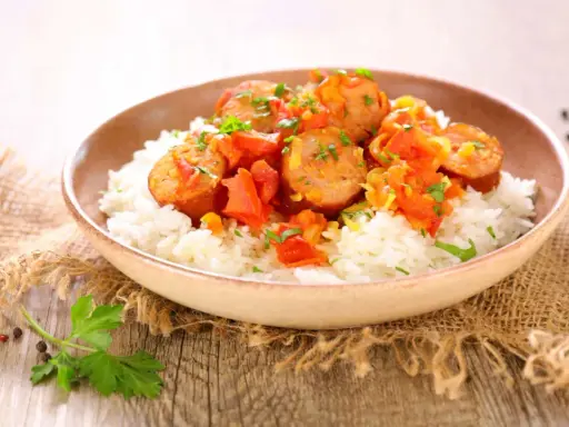 Un plat de rougail saucisse sur du riz blanc, garni de persil. Quel vin avec rougail saucisse ? Un vin fruité et léger serait parfait.