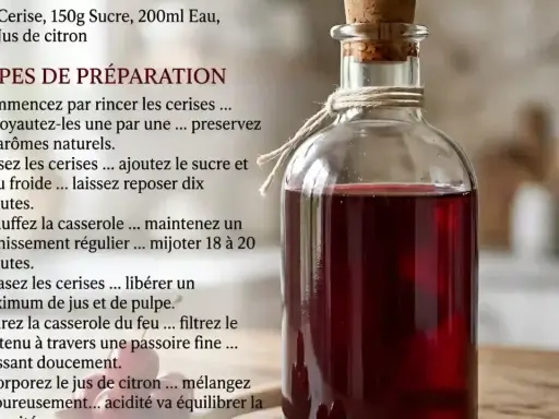 Bouteille en verre remplie d'un sirop fruité rouge, fait maison. Recette de sirop fruit rouge.