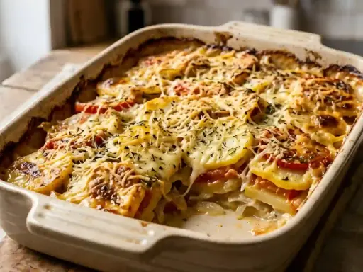 Gratin de pommes de terre et tomates, doré et gratiné, prêt à être dégusté.