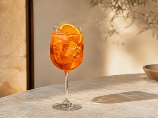 Une composition Aperol Spritz rafraîchissante, avec des glaçons et une tranche d'orange, sur une table en marbre baignée de soleil.