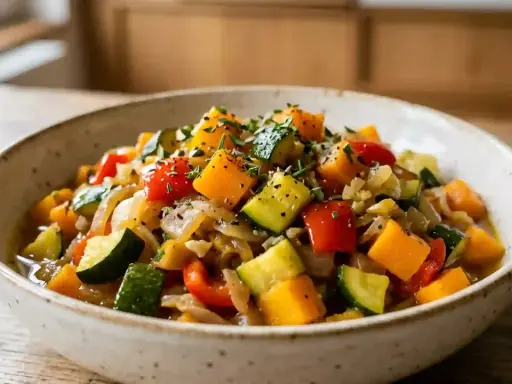 Un bol de ratatouille colorée avec courgette, tomate, poivrons et oignons, garni d'herbes fraîches.