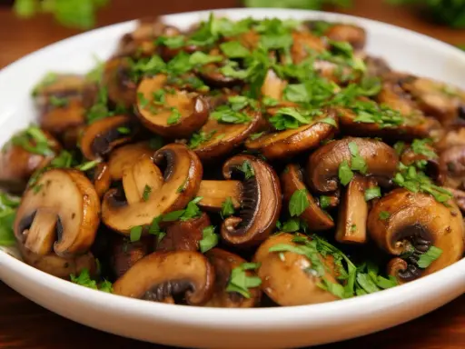 Champignons de Paris poêlés, parfaits pour une recette simple et savoureuse. Garniture de persil frais.