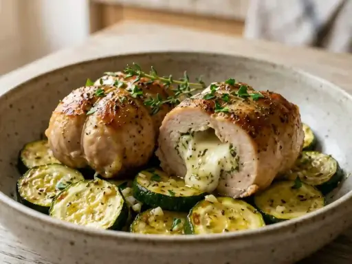 Une paupiette de dinde savoureuse, coupée en deux, révèle un cœur fondant de fromage et d'herbes, servie sur un lit de courgettes grillées.