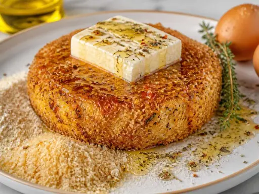Feta grillée à la poêle, dorée et croustillante, nappée d'huile d'olive et d'herbes. Un délice à savourer !
