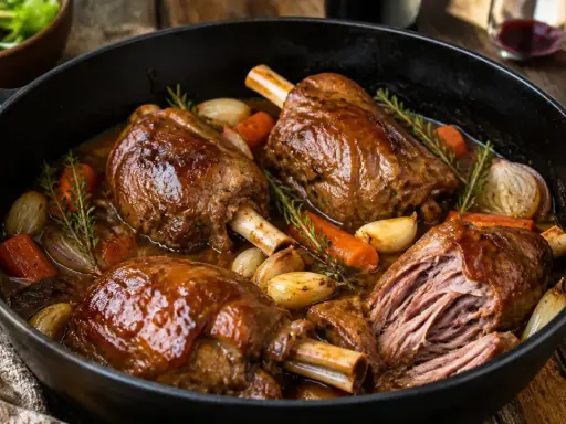 Souris d'agneau braisées, carottes, oignons et ail dans une cocotte. Une recette grand chef qui promet un plat savoureux et fondant.