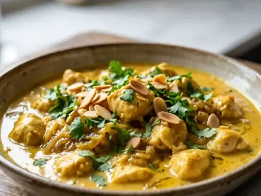Un plat de poulet korma onctueux, garni de coriandre fraîche et d'amandes effilées. Une recette savoureuse à découvrir.