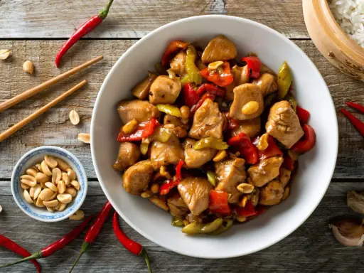 Un délicieux poulet kung pao, garni de cacahuètes croquantes, de poivrons rouges et verts, prêt à être dégusté avec des baguettes.