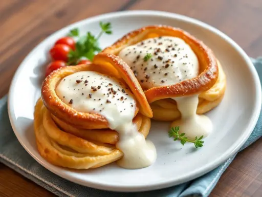 Deux vol-au-vent garnis d'une quenelle onctueuse, saupoudrés de poivre, accompagnés de tomates cerises et d'une touche de persil.