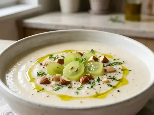 Un bol de ajo blanco crémeux, garni de raisins verts, d'amandes et d'un filet d'huile d'olive.