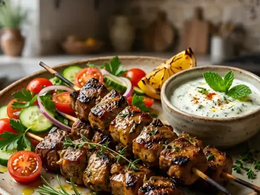Brochettes d'agneau grillées, savoureuses et juteuses, accompagnées d'une sauce blanche fraîche et d'une salade colorée. La marinade pour brochette d'agneau a fait son œuvre !
