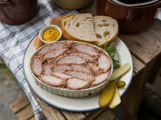 Tranches généreuses de rillettes de porc, servies avec du pain frais, de la moutarde et des cornichons. Un délice rustique.