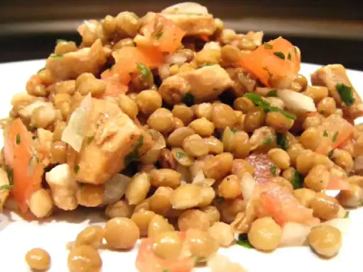 Salade de lentilles et poulet, garnie de dés de tomates et d'herbes fraîches. Un plat sain et savoureux.