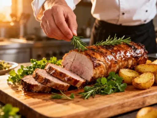 Un chef étoilé décore un filet mignon de porc rôti avec du romarin. Une recette qui promet un délice.