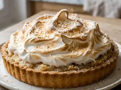 Une délicieuse tarte noix de coco avec une meringue dorée et aérienne, parsemée de copeaux de noix de coco grillés.