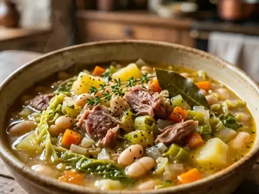 Un bol fumant de garbure, une recette facile et réconfortante avec des légumes, du porc effiloché et des haricots blancs.