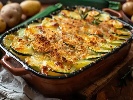 Un délicieux gratin courgettes pommes de terre, doré et croustillant, prêt à être dégusté.