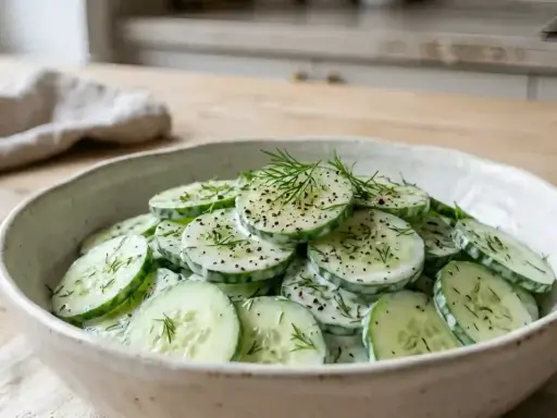 Salade fraîche de concombre à la crème, garnie d'aneth et de poivre noir. Un délice simple et rafraîchissant.