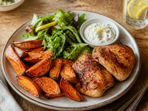 Un plat savoureux avec du poulet grillé, une salade fraîche et un accompagnement patate douce rôti, servi avec une sauce crémeuse.