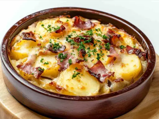 Un plat de tartiflette gratiné, avec des pommes de terre, du lard et du fromage fondu, parsemé de persil frais. Un délice à déguster avec un verre de vin blanc.