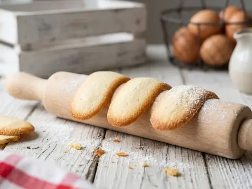 Des biscuits langue de chat dorés, saupoudrés de sucre glace, reposent sur un rouleau à pâtisserie en bois.