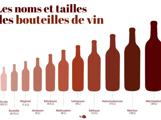 Comparaison visuelle des noms et tailles des bouteilles de vin, du Piccolo (0.2 L) au Melchisédech (30 L).