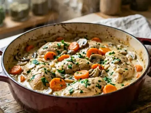 Un plat fumant de fricassée de volaille, avec des morceaux de poulet tendres, des champignons et des carottes dans une sauce crémeuse, garni de persil frais.