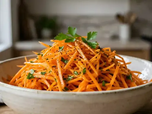 Une salade de carottes traditionnelle, râpées finement et parsemées de persil frais et de poivre noir, dans un bol en céramique.