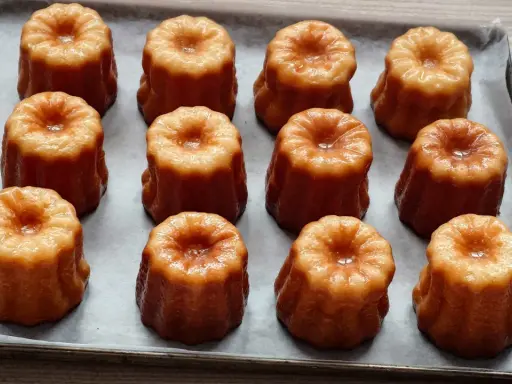 Douze mini cannelés dorés et caramélisés, prêts à être dégustés. Une recette facile pour des cannelés parfaits.