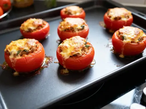 Tomates farcies au fromage fondant, prêtes à être dégustées après cuisson chaleur tournante.
