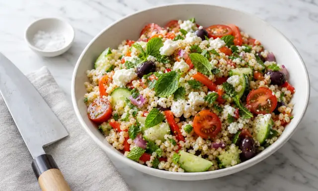 Salade de riz colorée avec tomates, concombre, olives, feta et menthe fraîche. Un plat estival parfait.
