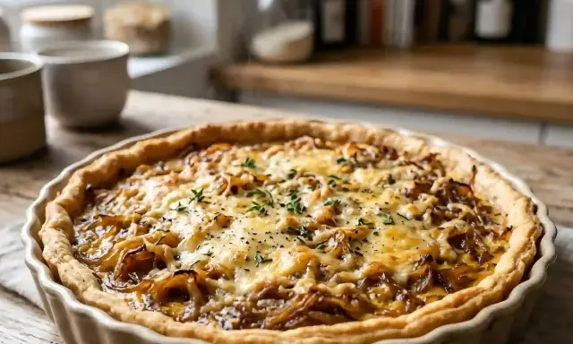Une délicieuse quiche oignons fromage, dorée et gratinée, garnie de thym frais. Parfaite pour un repas réconfortant.