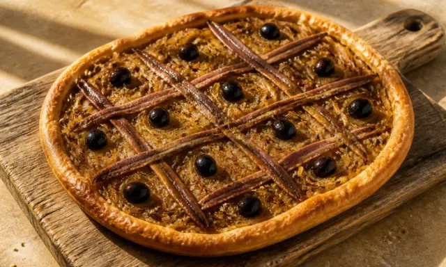 Pissaladière aux anchois et olives sur pâte brisée ou feuilletée, un délice provençal.