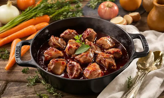 Joue de porc en cocotte, tendres morceaux nappés d'une sauce savoureuse, accompagnés de carottes et d'oignons.