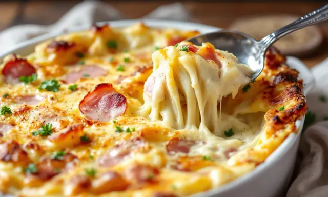 Un gratin d'endives à la béchamel réconfortant, avec du fromage fondant et des lardons croustillants. Une cuillère en prélève une portion généreuse.