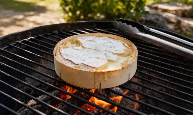 Un camembert au barbecue fond sur les braises. Des pinces à barbecue sont posées à côté, prêtes à servir ce délice crémeux.