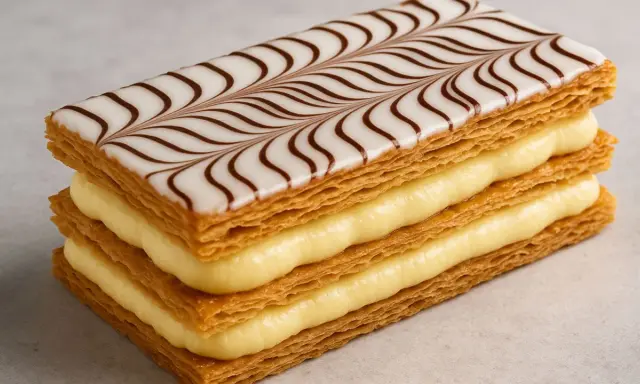 Un millefeuille croustillant avec une crème pâtissière onctueuse et un glaçage blanc décoré de volutes chocolatées.