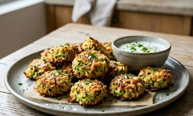 Petits beignets de courgettes dorés, parfaits pour un apéritif facile. Servi avec une sauce crémeuse.