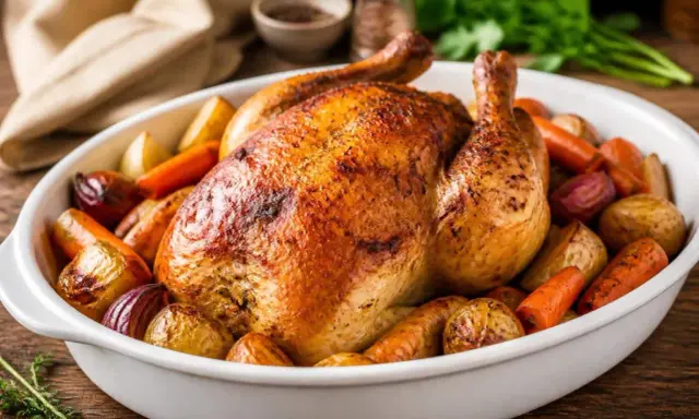 Canette rôtie dorée, entourée de carottes, pommes de terre et oignons. La meilleure recette canette au four pour un repas savoureux.