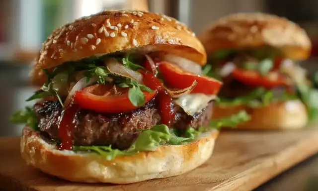 Délicieux hamburger maison, avec steak juteux, fromage fondant, tomates fraîches, oignons caramélisés et laitue croquante. Une recette parfaite pour un repas gourmand.