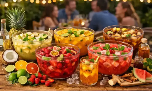 Plusieurs grands bols de punch fruit rouge et d'autres fruits tropicaux, prêts pour une fête d'été.