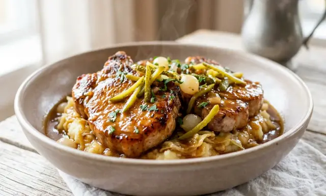 Délicieuse côte de porc charcutière, nappée d'une sauce onctueuse, servie sur un lit de purée et garnie de cornichons et d'oignons grelots.
