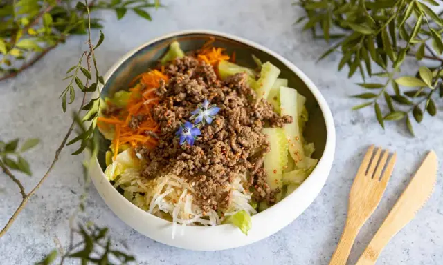 Salade fraîche et colorée avec viande hachée, carottes râpées, concombre et une touche florale. Un plat léger et savoureux.