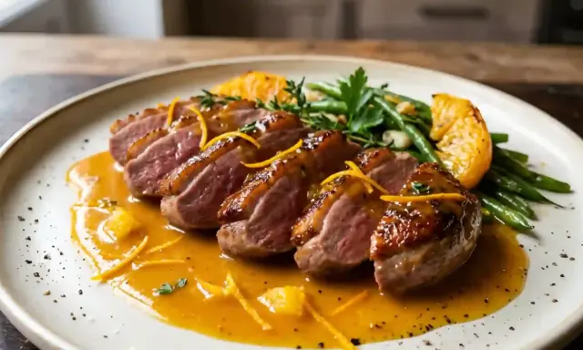 Délicieuse recette aiguillettes de canard à la poêle, nappées d'une sauce orange et accompagnées de haricots verts.