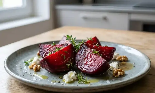 Assiette de betterave rouge cuite, garnie de fromage frais, noix et herbes. Une belle idée pour une recette betterave rouge cuite.