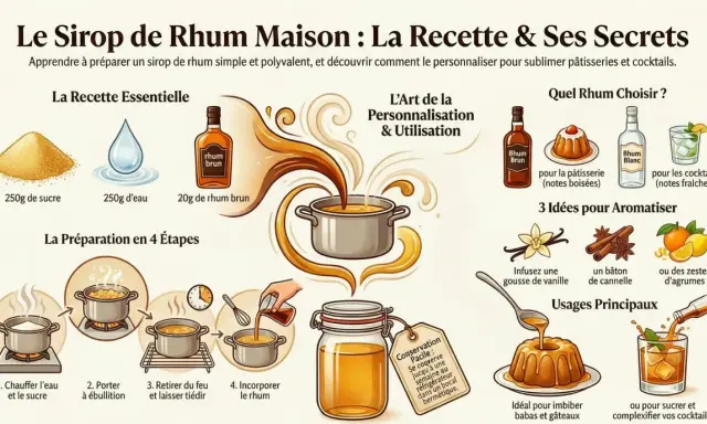 Recette de sirop de rhum maison : sucre, eau, rhum brun. Idéal pour imbiber babas et gâteaux, ou pour sucrer vos cocktails.