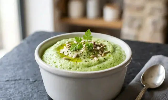 Un bol de purée de brocolis onctueuse, garnie de graines de tournesol, d'huile d'olive et de persil frais.