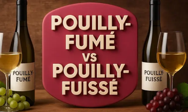 Bouteilles et verres de vin blanc, avec une étiquette comparant Pouilly-Fumé et Pouilly-Fuissé.