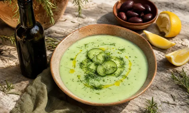 Un bol de soupe de concombre froide, garni de rondelles de concombre et d'aneth, avec des olives, du citron et une bouteille d'huile d'olive.